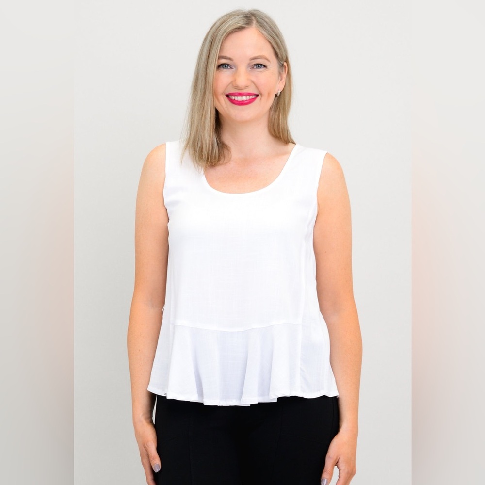 🇨🇦 Blue Sky Ginny Tank White Sleeveless Linen/Bamboo Scoop Neck Top Sz S EUC